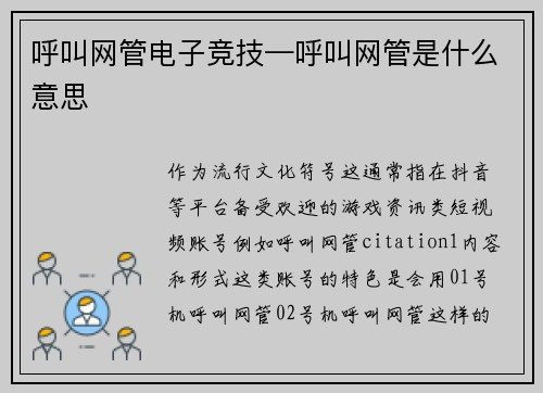 呼叫网管电子竞技—呼叫网管是什么意思